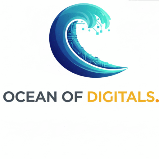 Ocean of Digitals wave icon with integrated circuit board elements, representing digital creativity and flow.